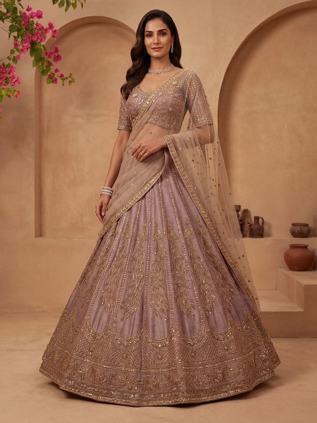 Powder Pink Pure Soft Heavy Net Sequins Embroidery Work Bridal Lehenga Choli 