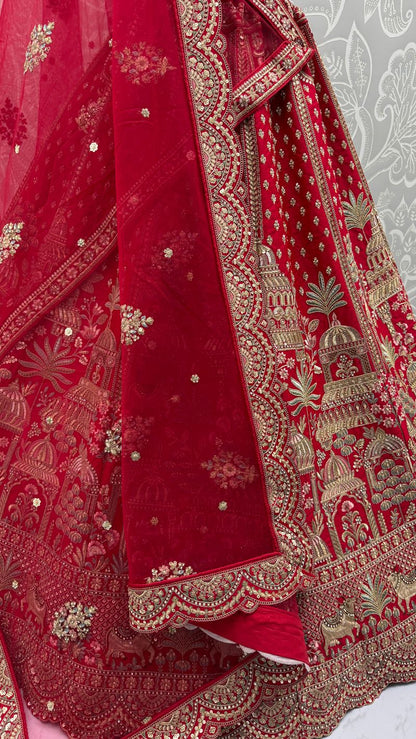 Red Pure Soft Net Heavy Embroidery Work Bridal Lehenga