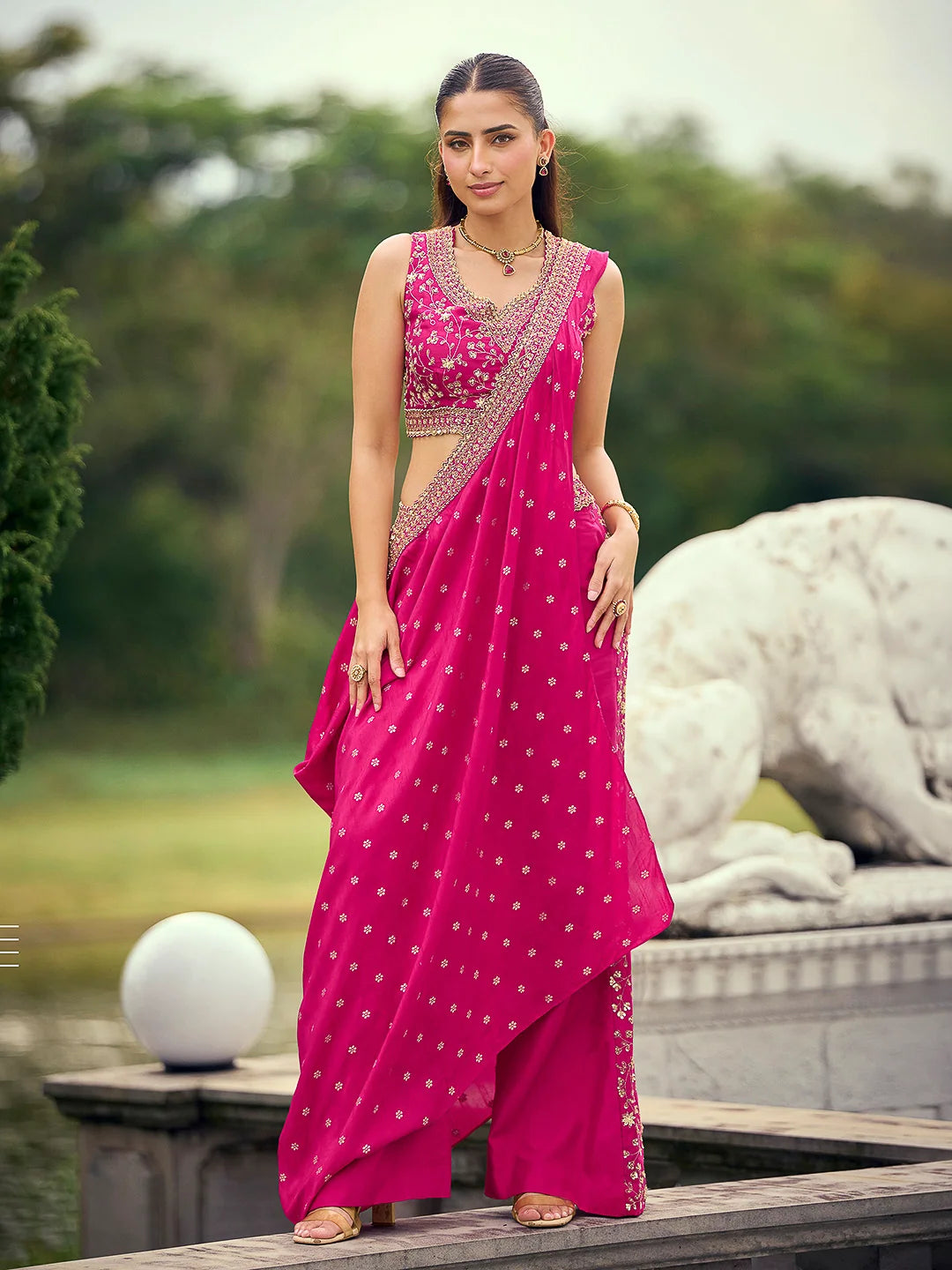 Rani Pink Premium Viscose Jacquard Silk Palazzo Suit with Embroidered Blouse