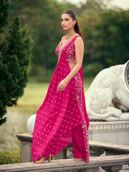 Rani Pink Premium Viscose Jacquard Silk Palazzo Suit with Embroidered Blouse