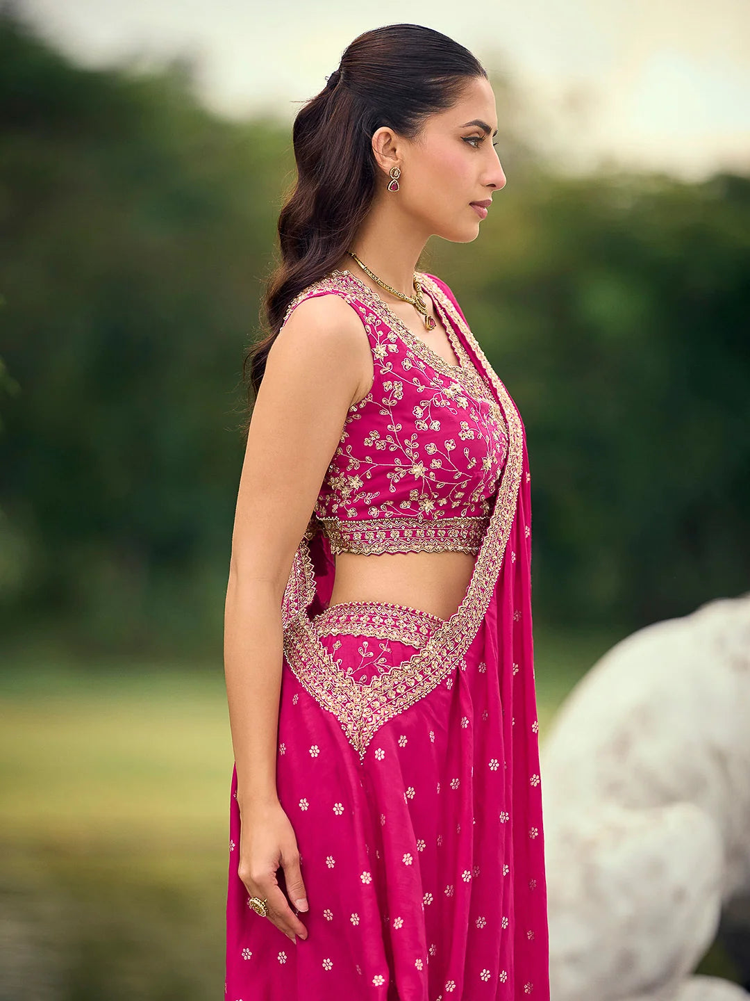 Rani Pink Premium Viscose Jacquard Silk Palazzo Suit with Embroidered Blouse