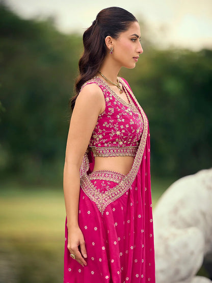 Rani Pink Premium Viscose Jacquard Silk Palazzo Suit with Embroidered Blouse