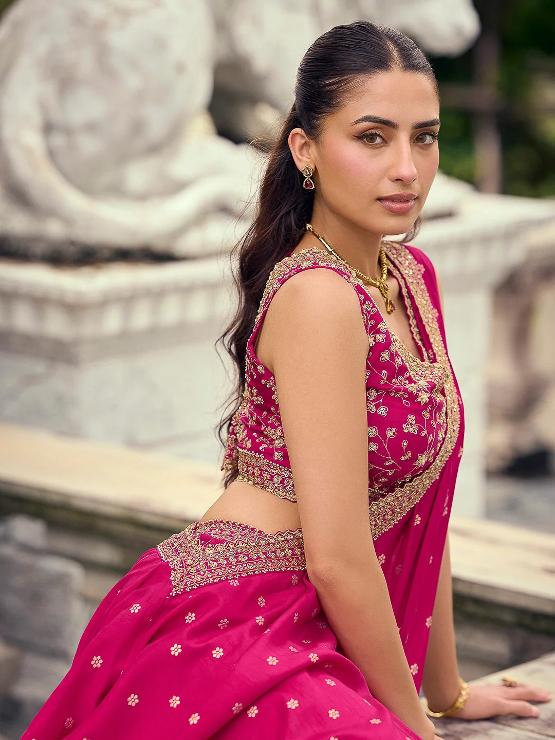 Rani Pink Premium Viscose Jacquard Silk Palazzo Suit with Embroidered Blouse
