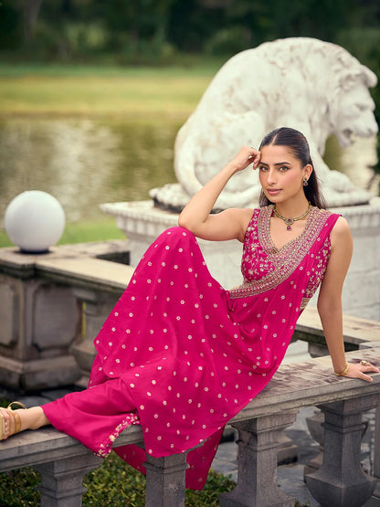 Rani Pink Premium Viscose Jacquard Silk Palazzo Suit with Embroidered Blouse