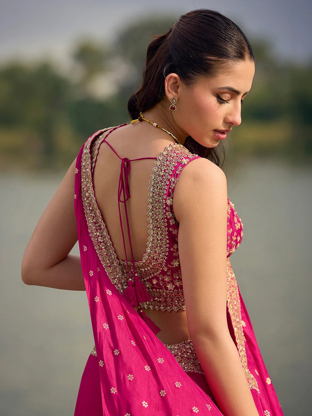 Rani Pink Premium Viscose Jacquard Silk Palazzo Suit with Embroidered Blouse