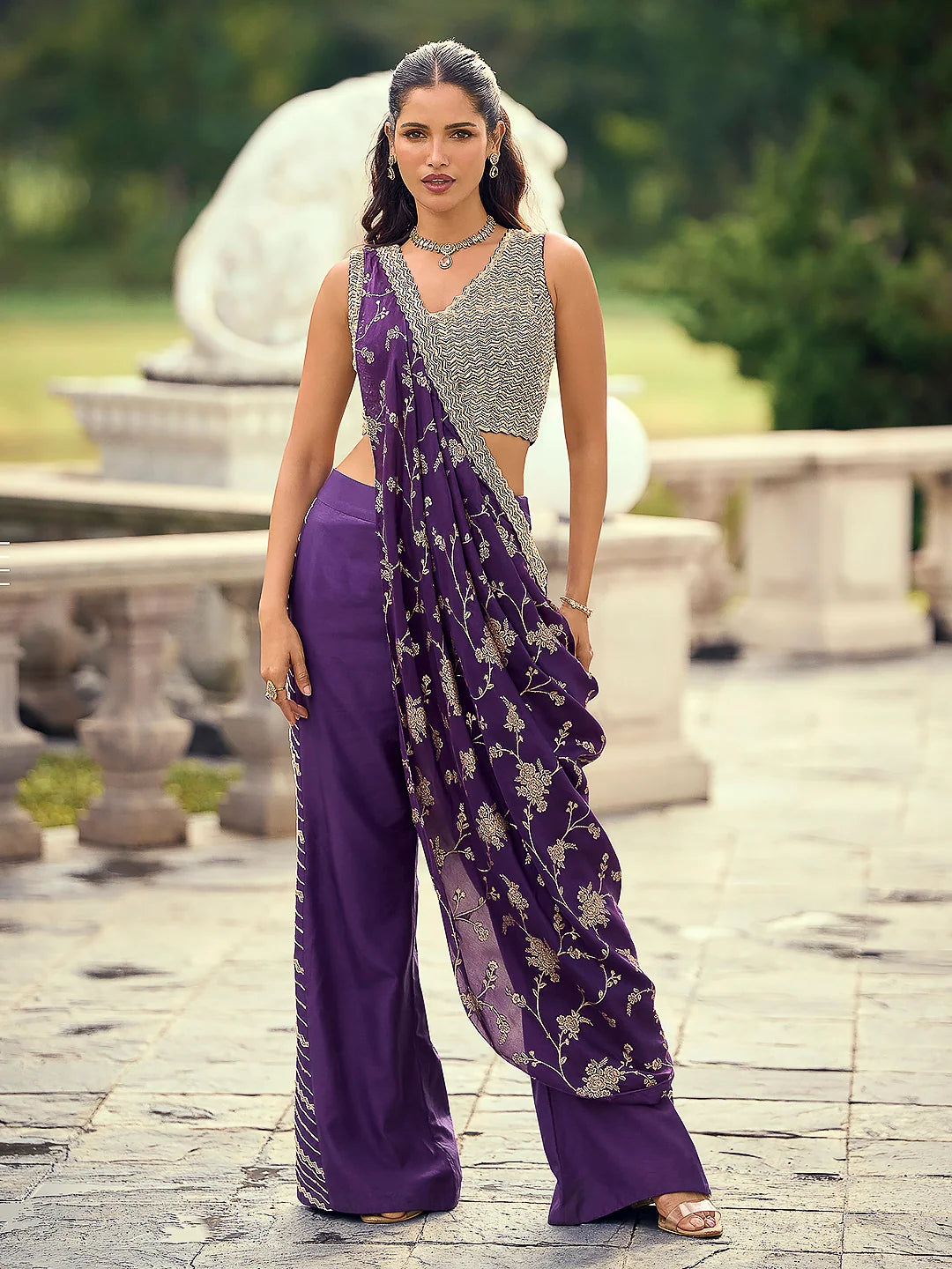 Royal Purple Premium Viscose Jacquard Silk Palazzo Suit