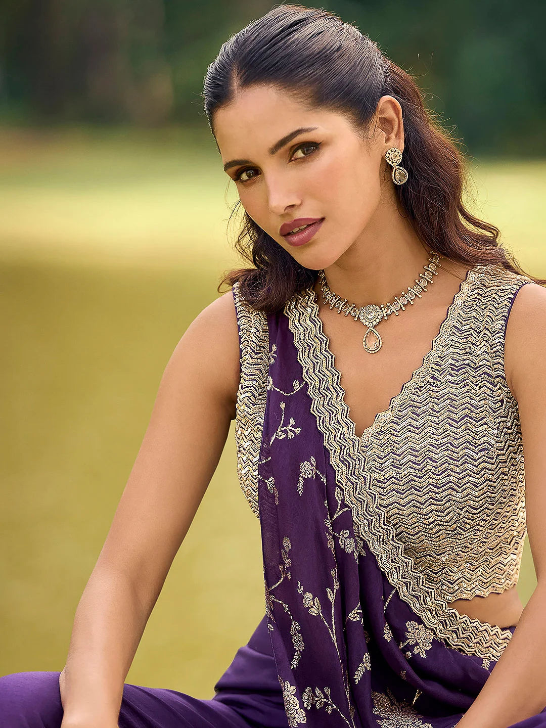 Royal Purple Premium Viscose Jacquard Silk Palazzo Suit