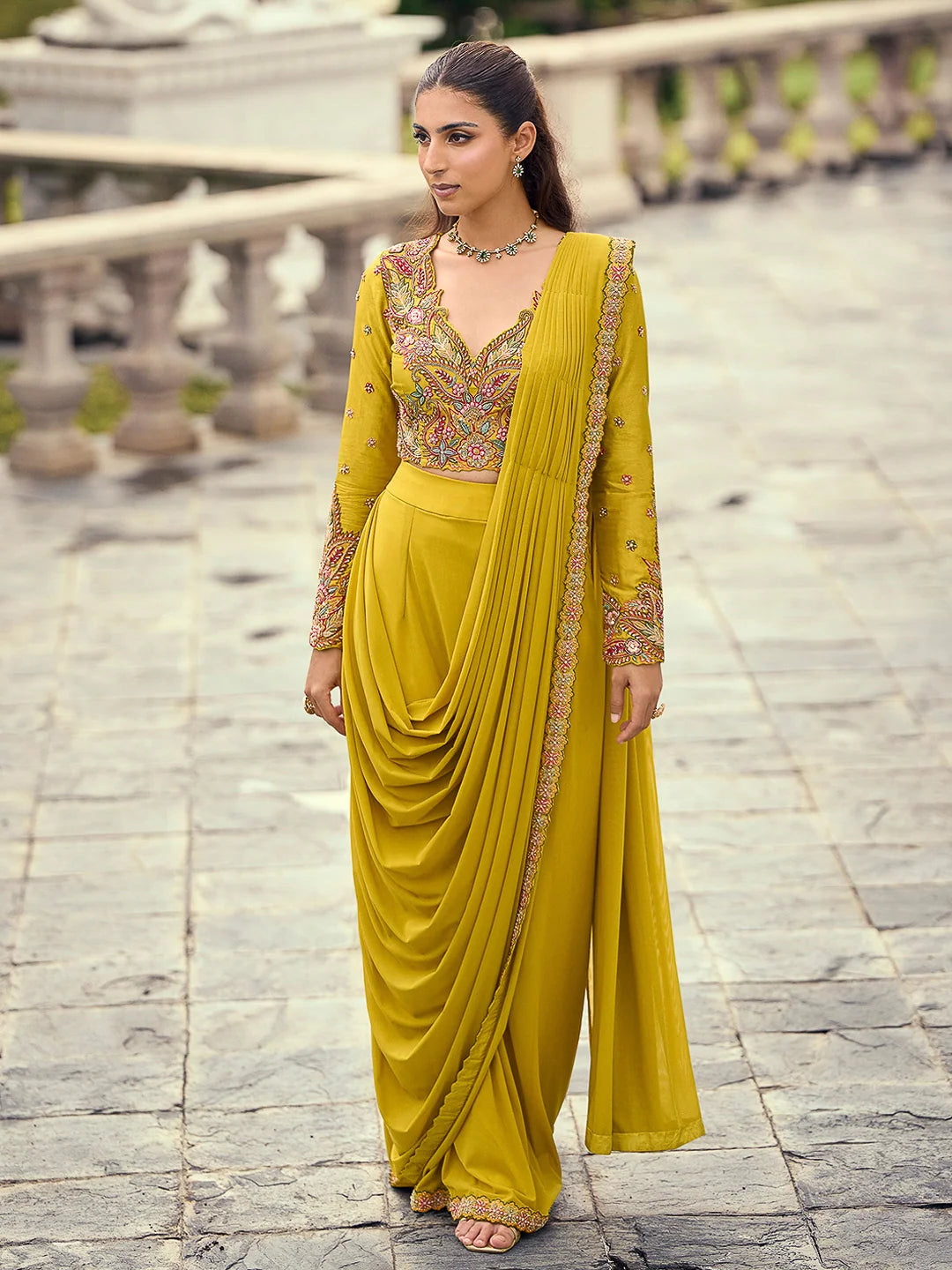 Mustard Yellow Premium Viscose Jacquard Silk Designer Palazzo Suit