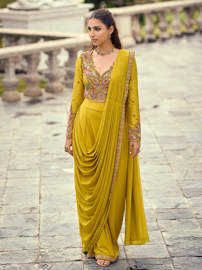 Mustard Yellow Premium Viscose Jacquard Silk Designer Palazzo Suit