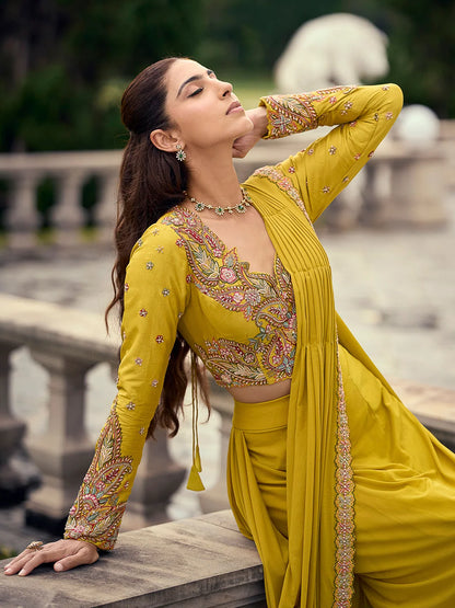 Mustard Yellow Premium Viscose Jacquard Silk Designer Palazzo Suit