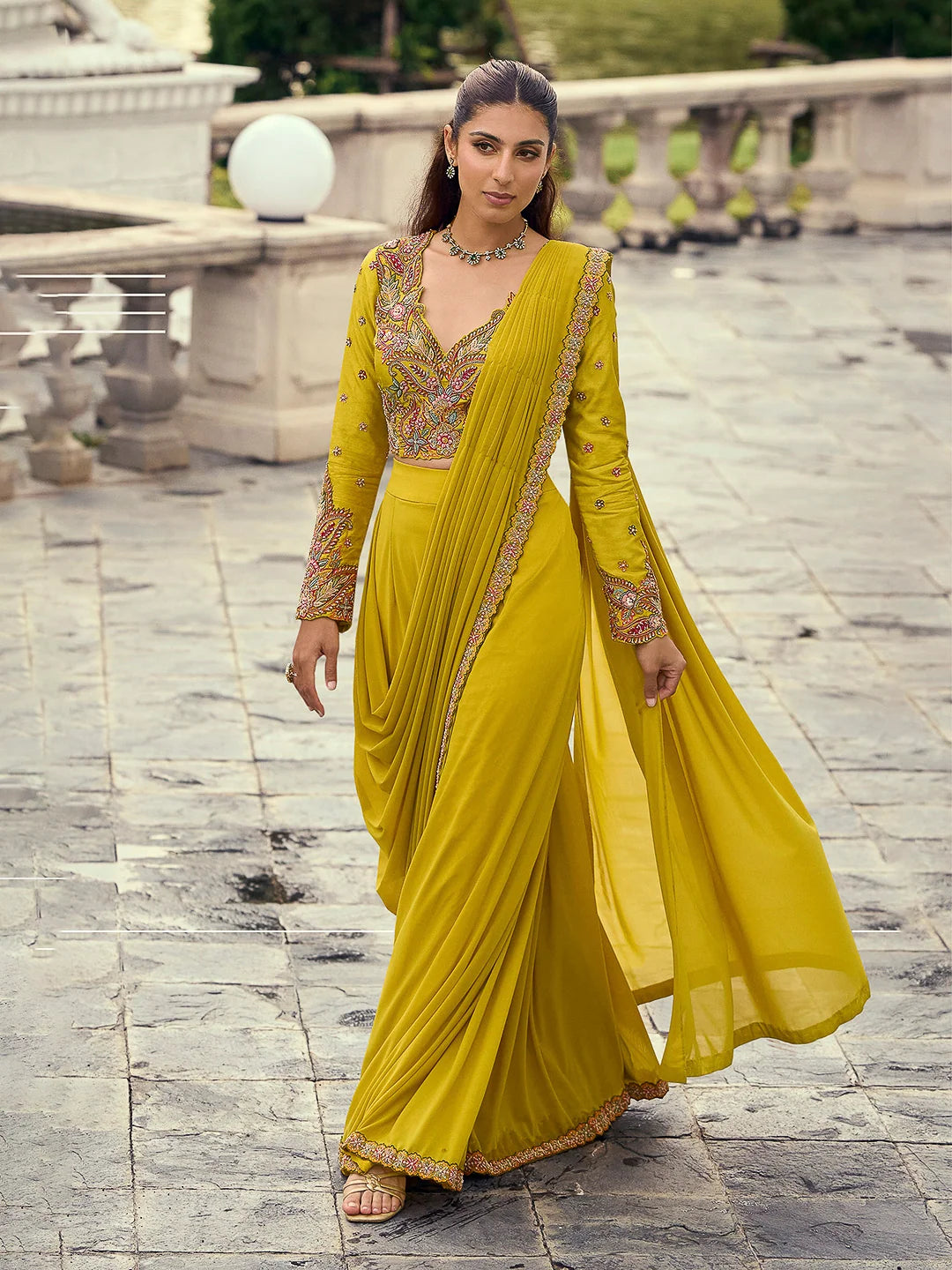 Mustard Yellow Premium Viscose Jacquard Silk Designer Palazzo Suit