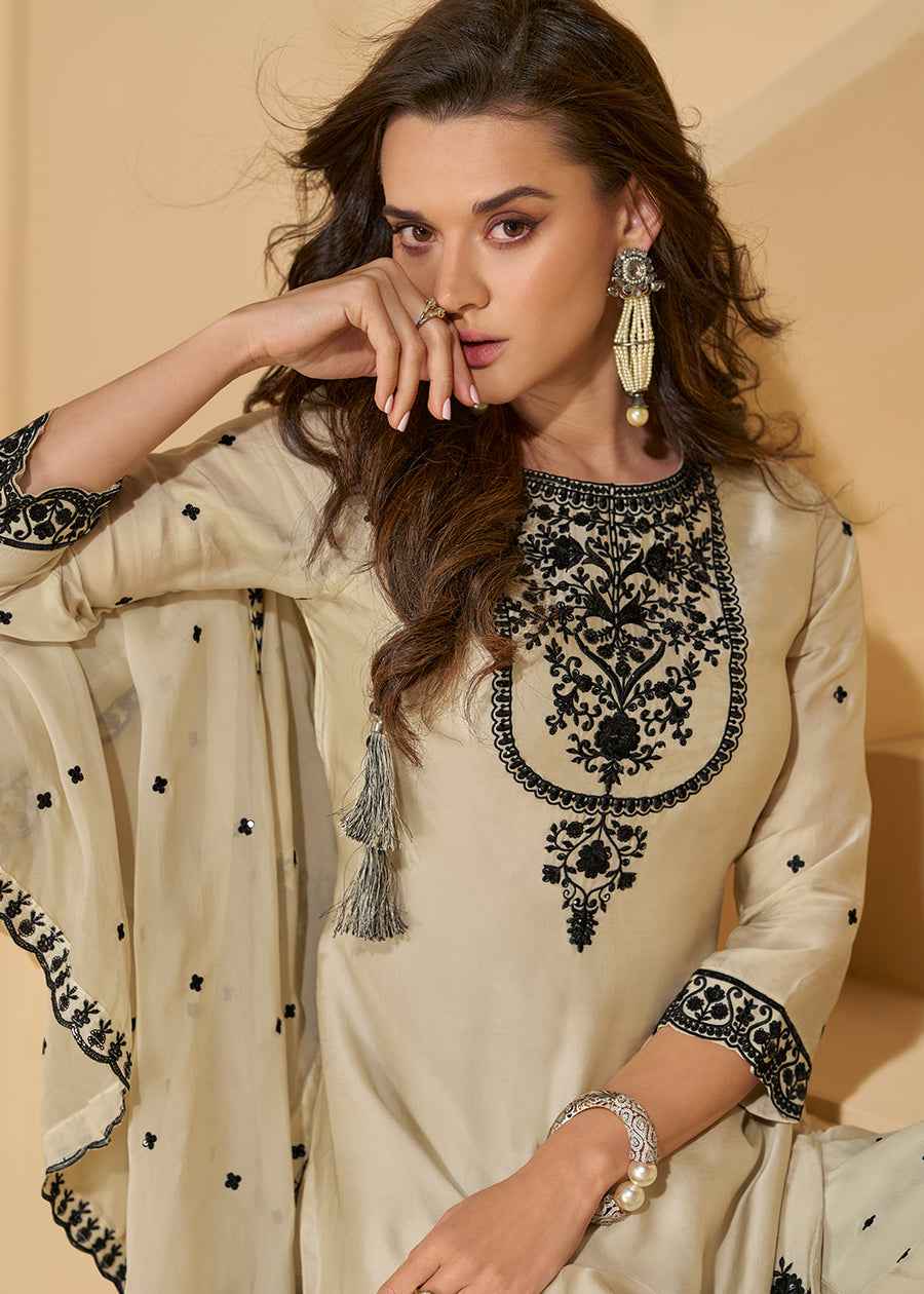 Ivory White Chinon Silk Embroidered Palazzo Suit