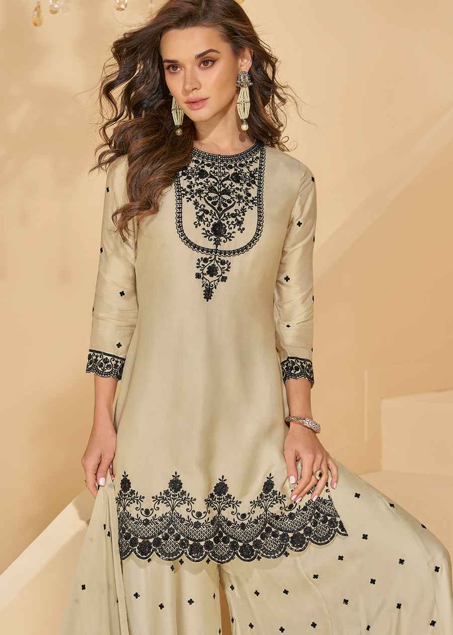 Ivory White Chinon Silk Embroidered Palazzo Suit