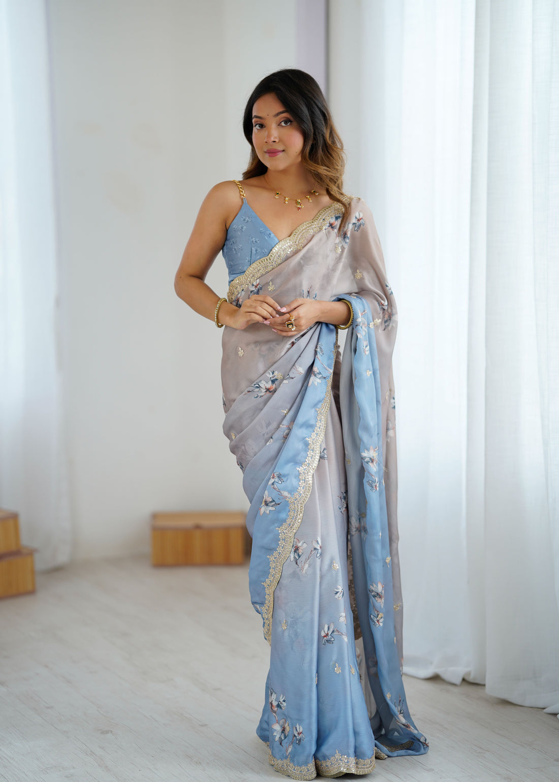 Aqua Grey Two Tone Satin Silk Sequins Embroidery Ready to Wear Saree 