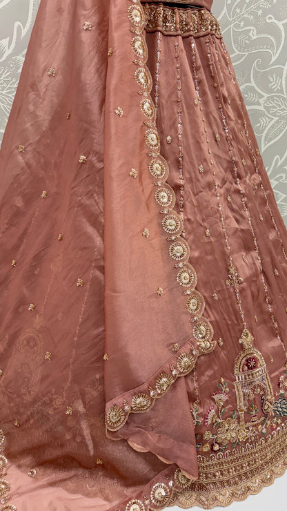 Pink Pure Chandnia Silk Handwork Motif Peacock Pattern Crystal Beads Multi Thread Dori &amp; Sequins Work Bridal Lehenga Choli