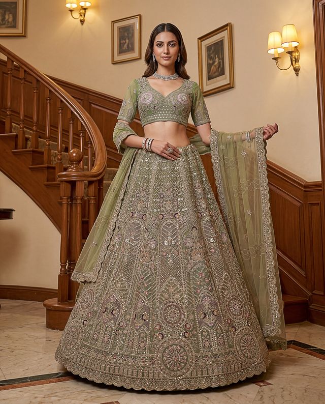 Pista Pure Soft Heavy Net Sequins Embroidery Work Bridal Lehenga 