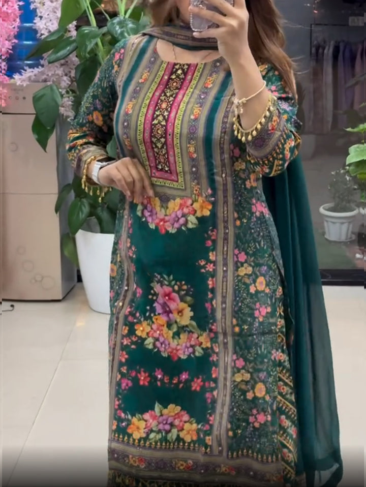 Green Pure Soft Cotton Muslin Heavy Fancy Plazzo Pair With Dupatta Set ##color## Gharara Suit with premium fabric and embroidery