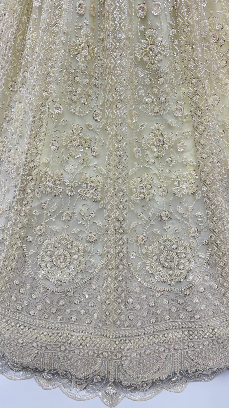 Cream Pure Heavy Net Motif Handwork Zari Sequins Work Bridal Lehenga Choli