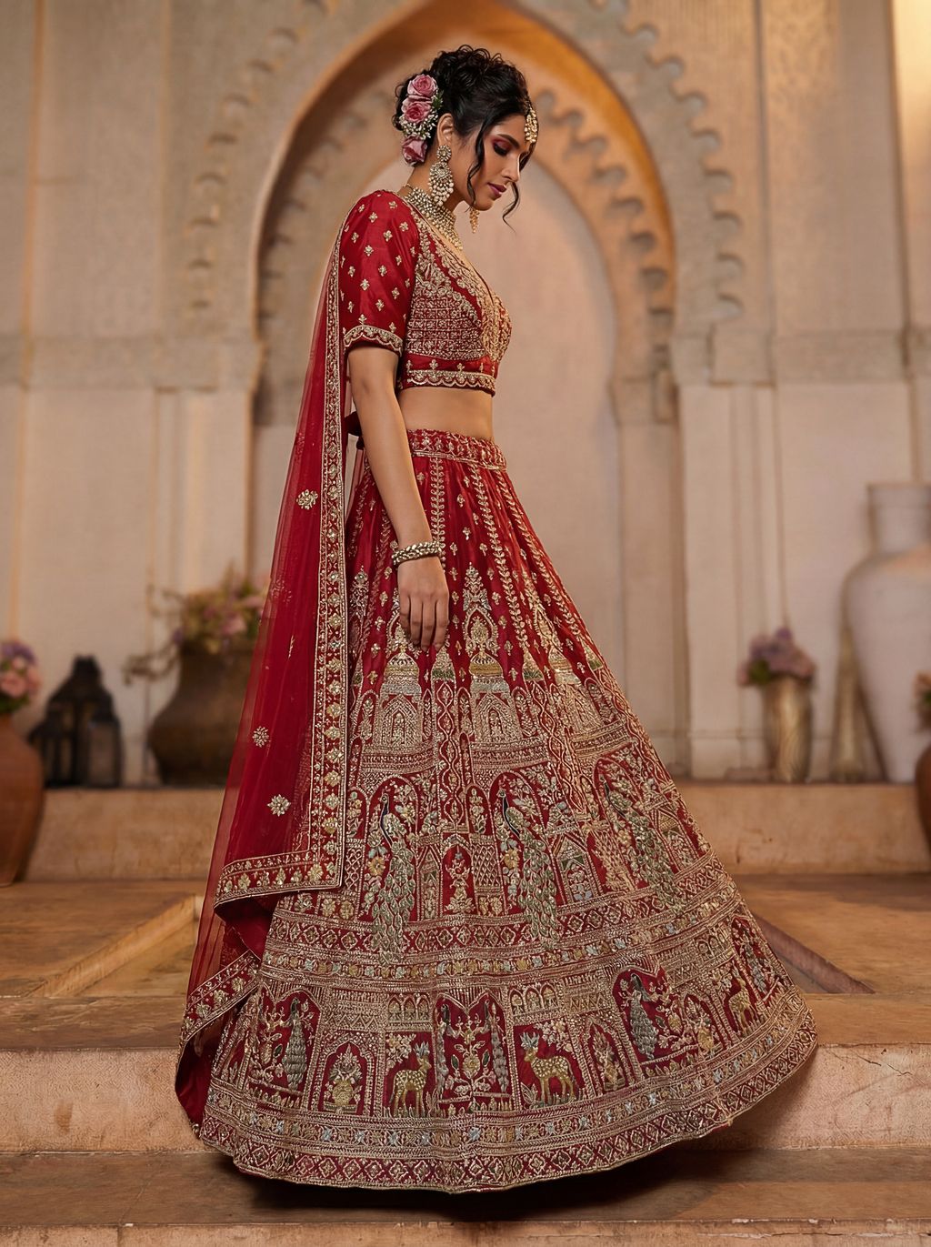 Red Pure Soft Silk Heavy Embroidery Work Bridal Lehenga