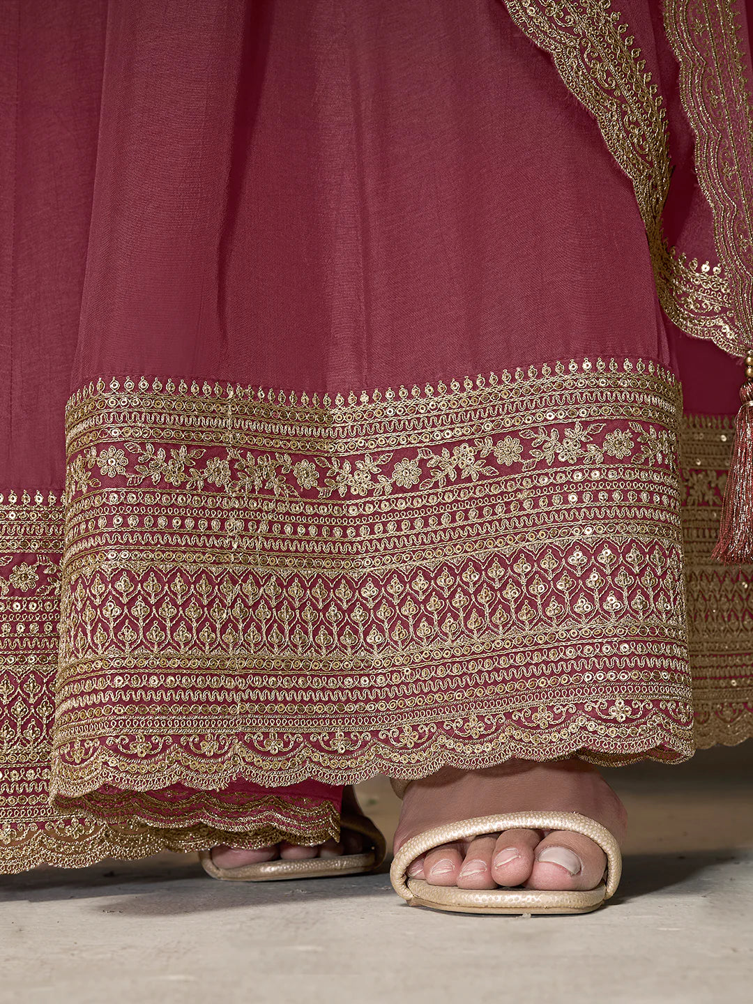 Wine Dola Silk Anarkali Suit with Heavy Sequins Hand Embroidery