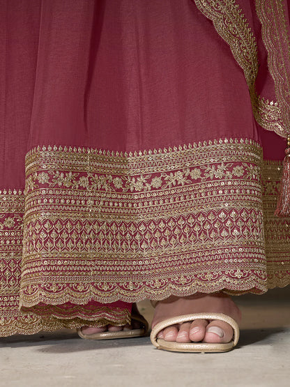 Wine Dola Silk Anarkali Suit with Heavy Sequins Hand Embroidery