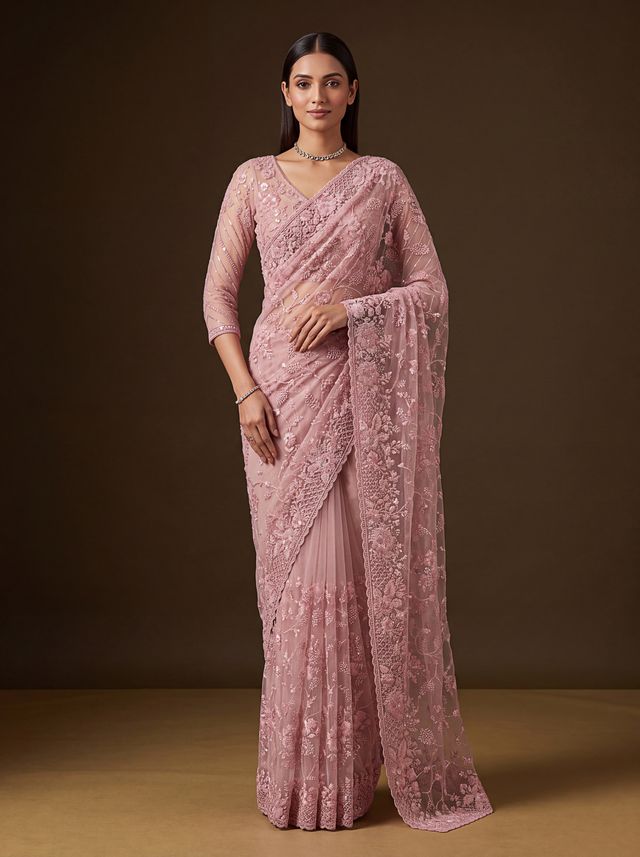Pink Pure Premium Net Handwork Kasti &amp; Motif Zari Metallic Sequins Work Wedding Saree