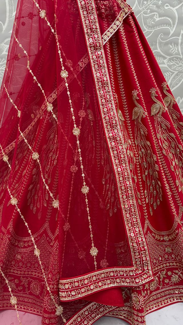 Red Pure Soft Heavy Net Sequins Embroidery Work Bridal Lehenga Choli 