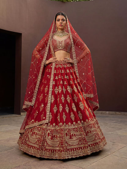 Red Pure Soft Heavy Silk Sequins Embroidery Work Bridal Lehenga 