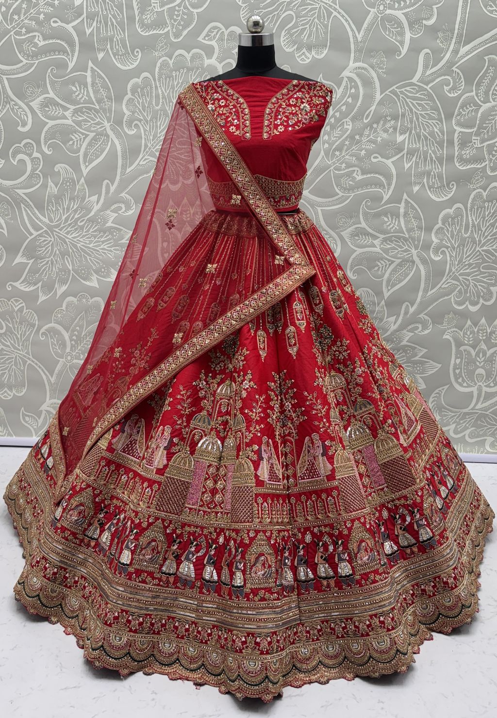 Red Pure Soft Gadwal Silk Heavy Embroidery Work Bridal Lehenga 