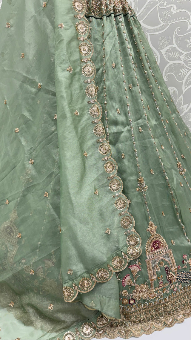 Pista Pure Chandnia Silk Handwork Motif Peacock Pattern Crystal Beads Multi Thread Dori &amp; Sequins Work Bridal Lehenga Choli