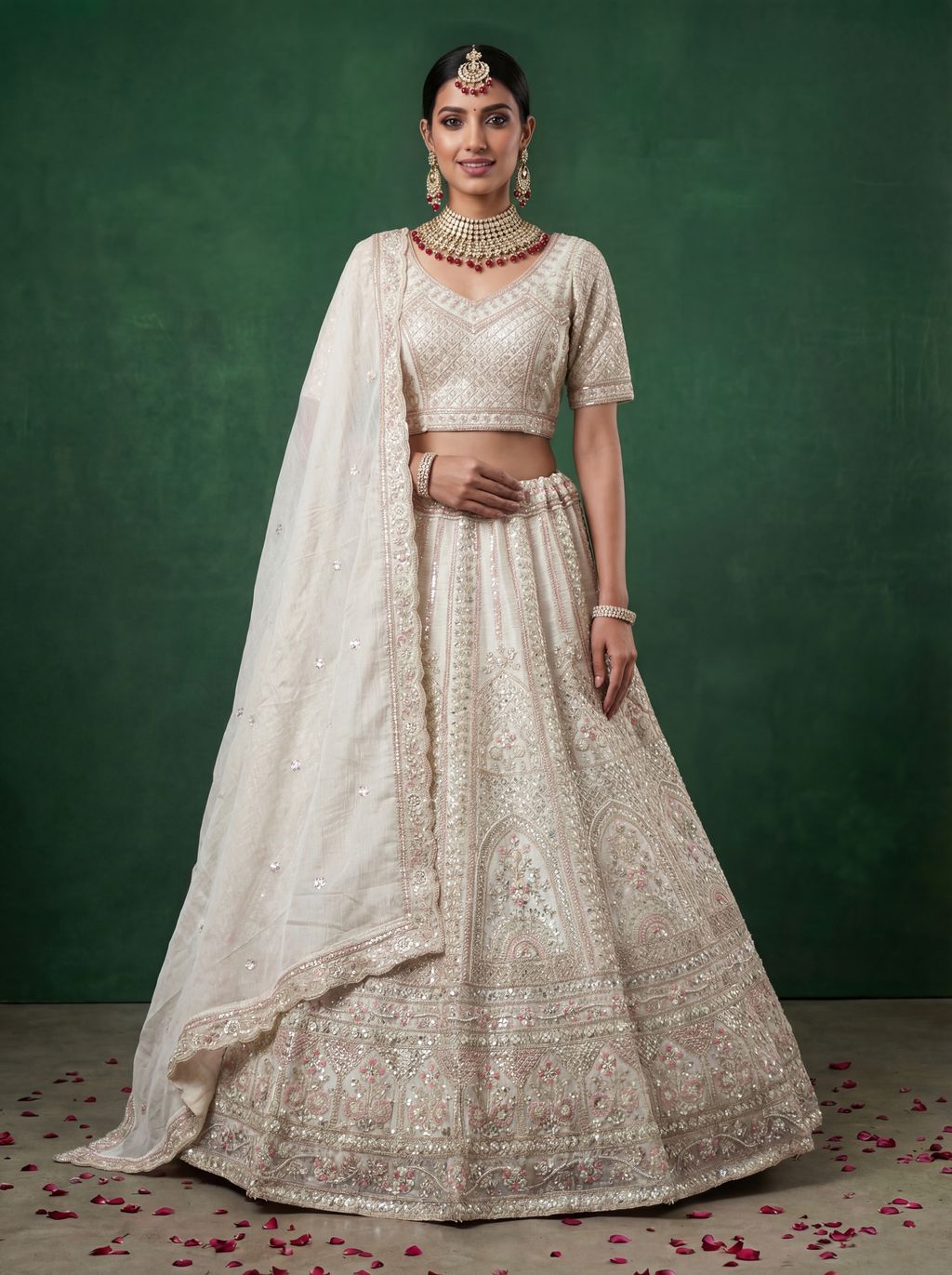 White Pure Soft Satin Silk Heavy Embroidery Work Bridal Lehenga