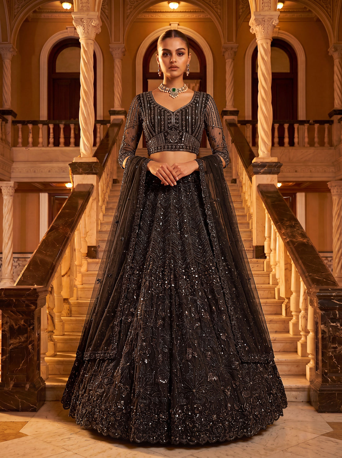 Z Black Pure Heavy Net Monochrome Sequins Zari Embroidery Work Net Bridal Lehenga Choli
