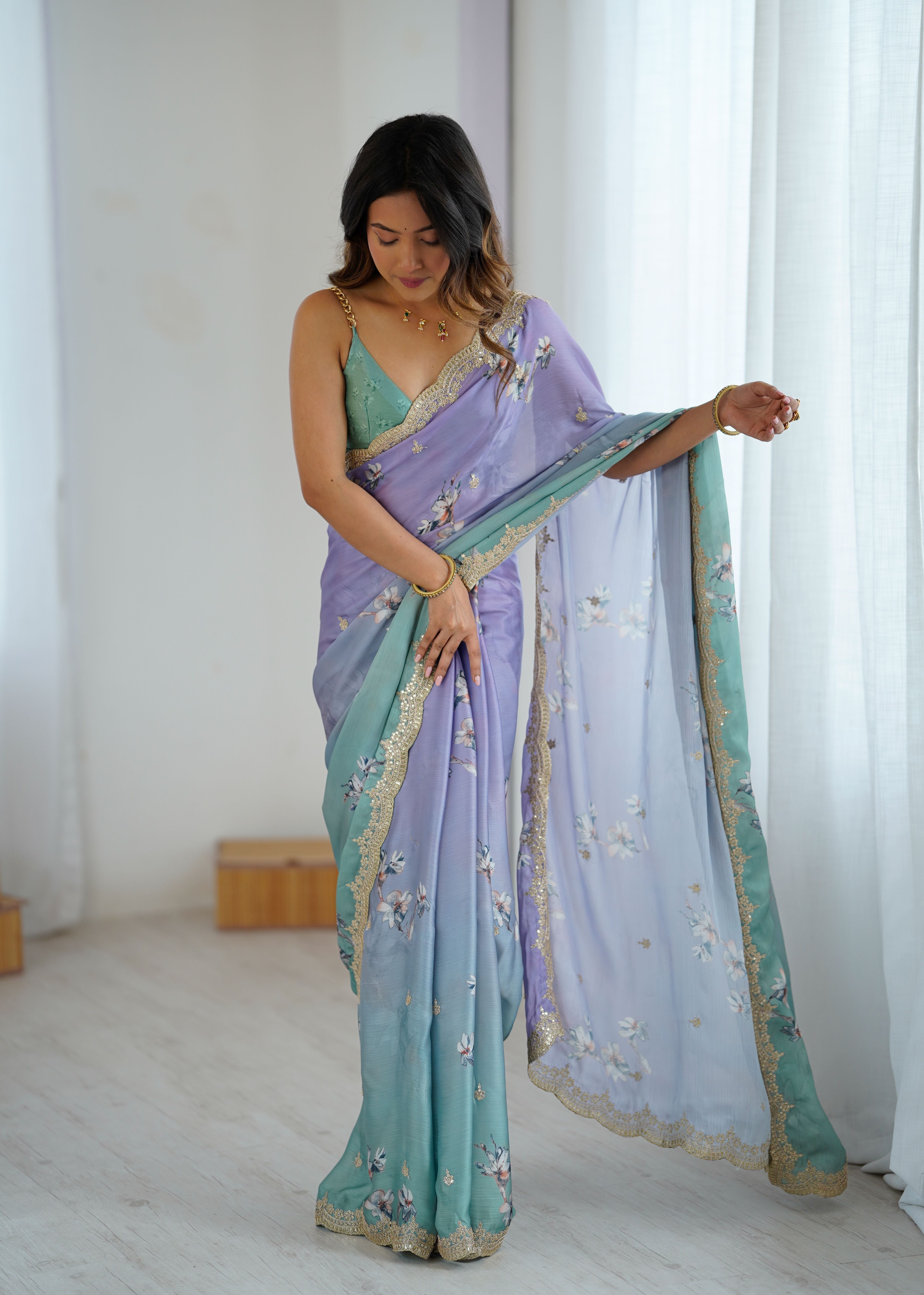 Aqua Green Two Tone Satin Silk Sequins Embroidery Ready to Wear Saree ##color## Ready to Wear Saree with premium fabric and embroidery