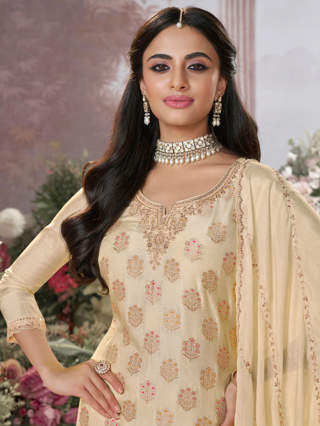 Beige dola silk sharara suit with sequins embroidery for weddings

