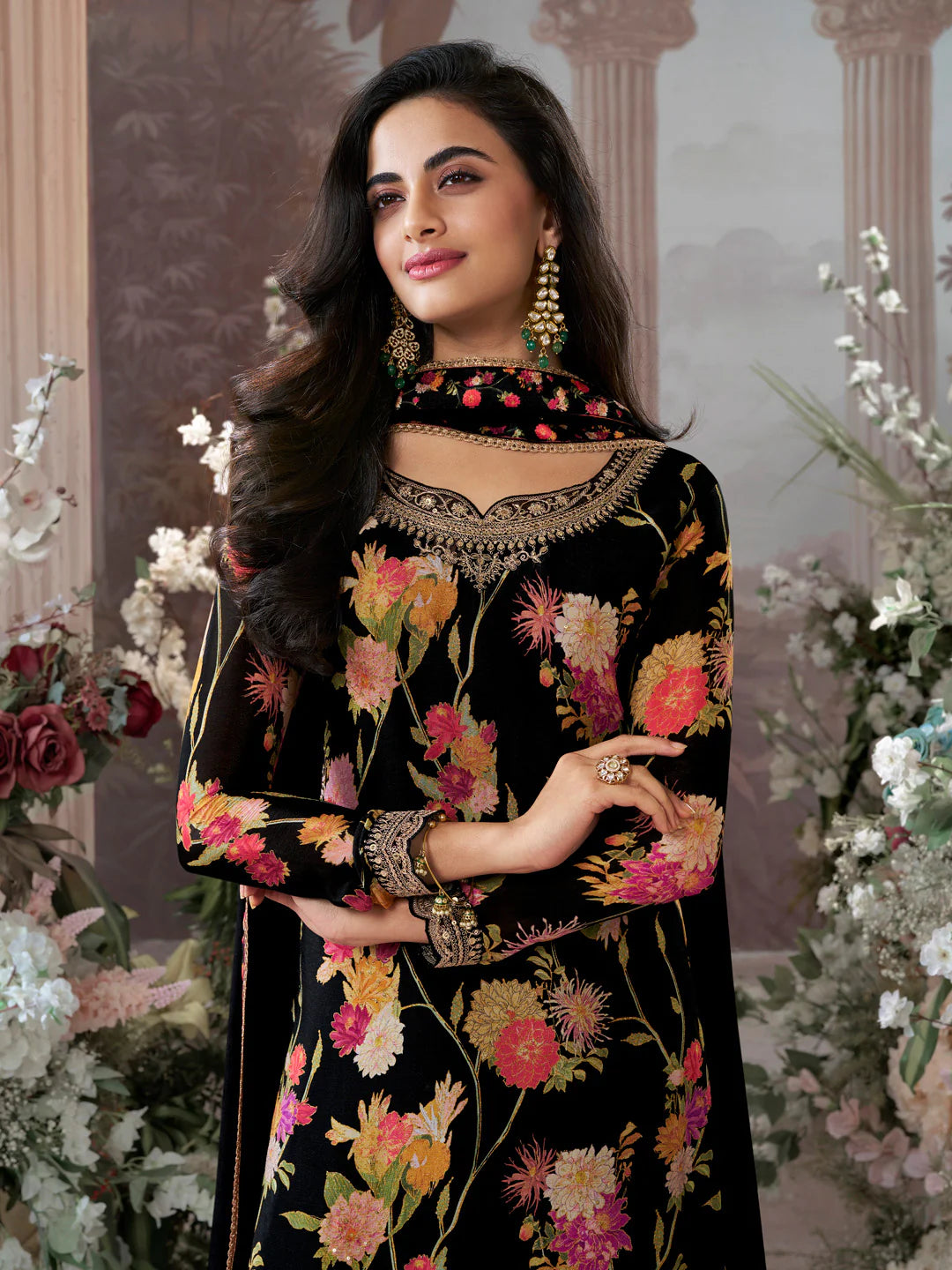 Black Chinon Floral Printed Sharara Suit with Dupatta for Women

