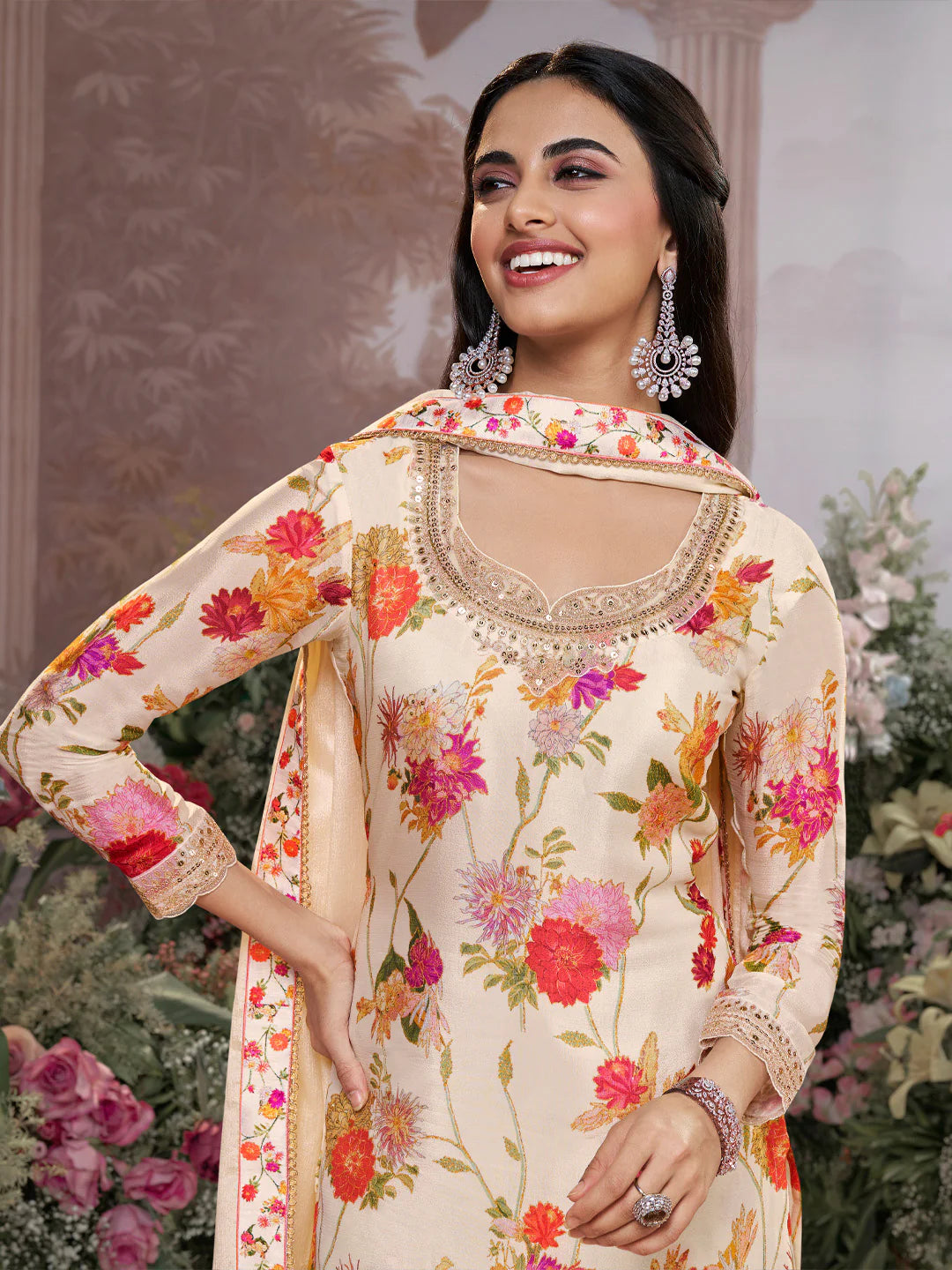 Cream floral printed chinon sharara suit with embroidered neckline

