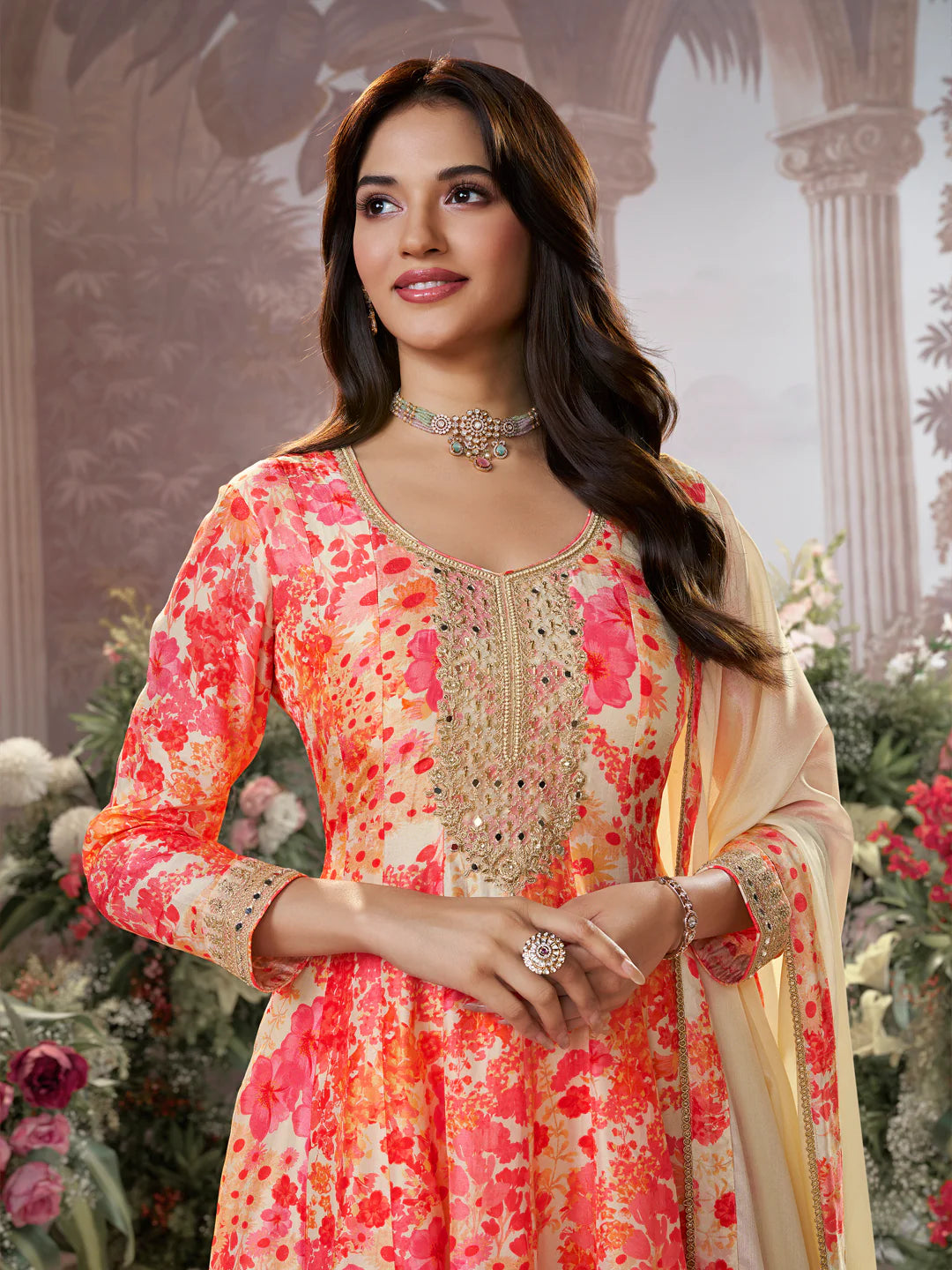 Cream and coral floral printed sharara suit with chinon dupatta

