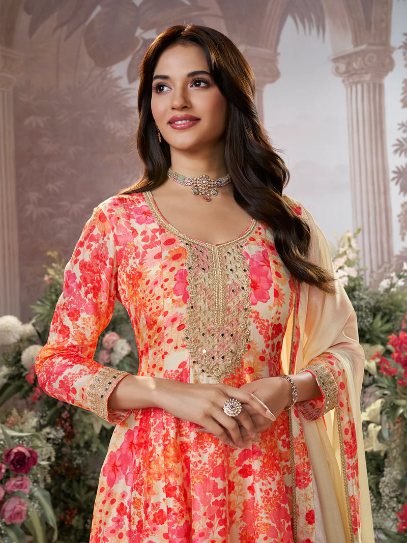 Designer cream silk sharara suit with mirror embroidery neckline

