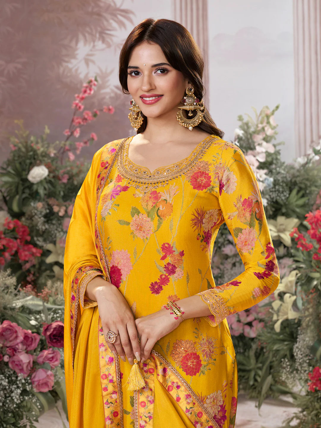 Mustard yellow floral printed chinon sharara suit with embroidered neckline

