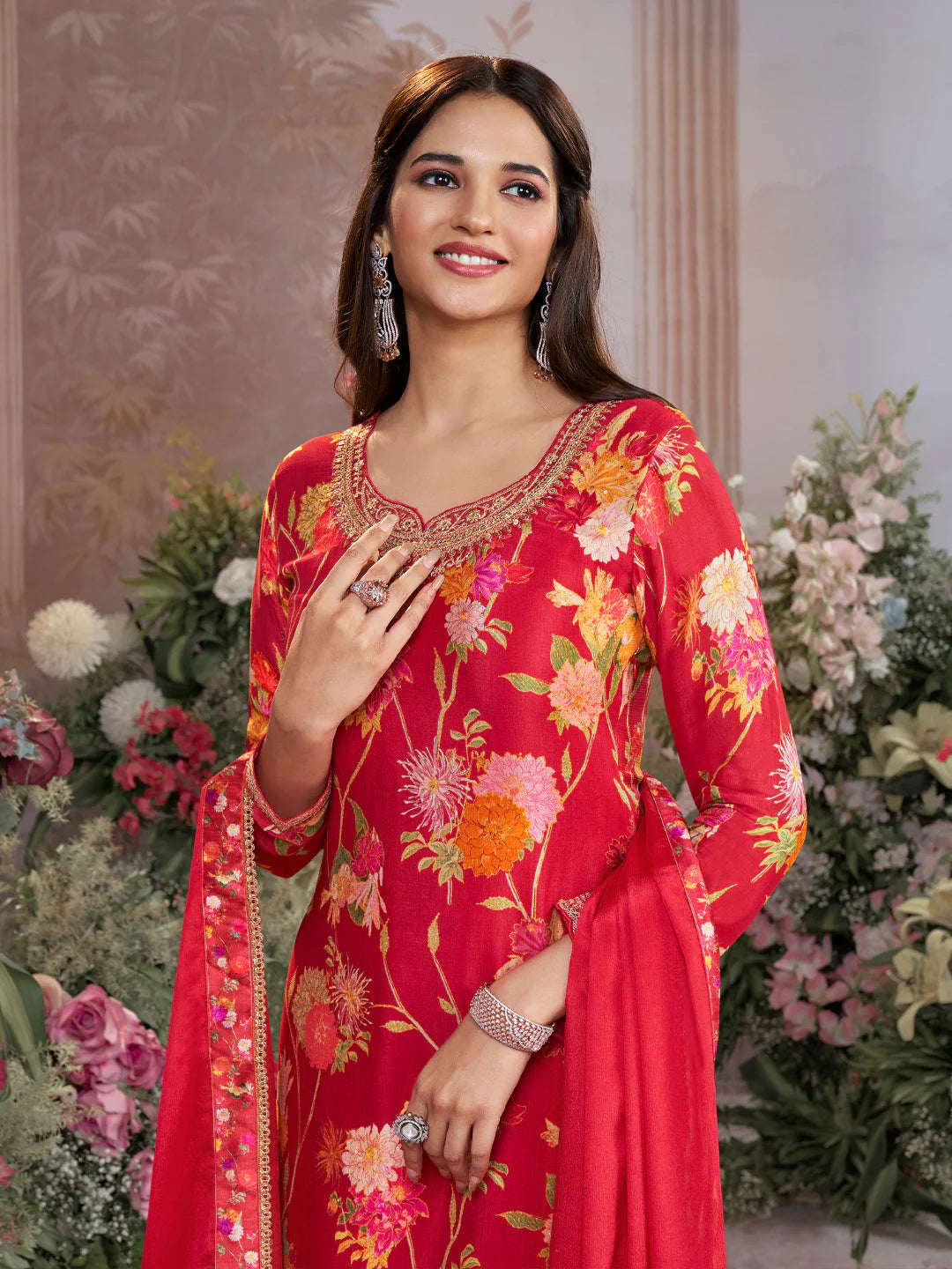 Red floral printed chinon sharara suit with embroidered neckline

