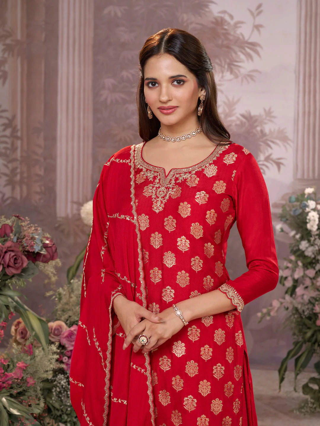 Red dola silk sharara suit with sequins embroidery for weddings

