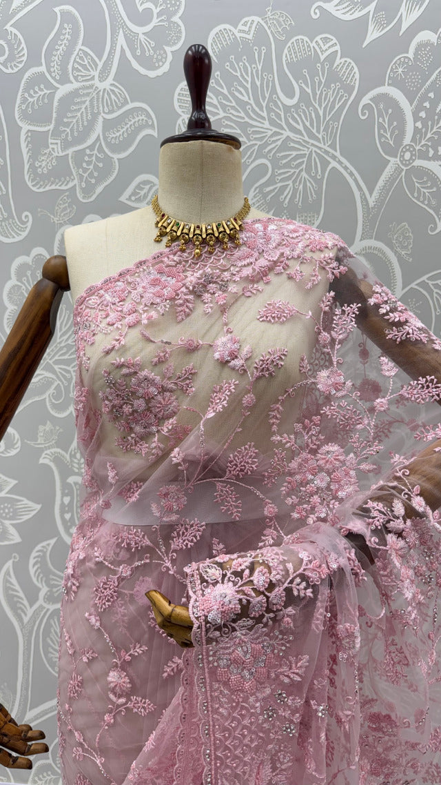 Pink Pure Premium Net Handwork Kasti &amp; Motif Zari Metallic Sequins Work Wedding Saree