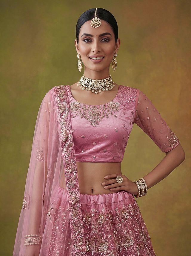 Pink Pure Soft Heavy Net Sequins Embroidery Work Bridal Lehenga Choli 