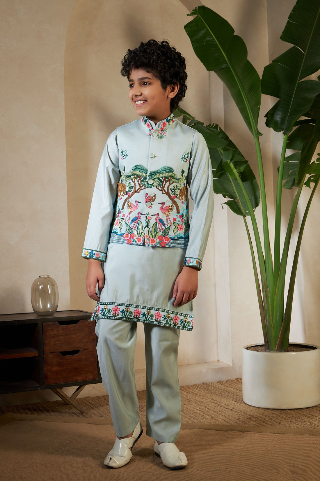 Pista Pure Viscose Silk Silk Kids Boy Kurta Pajama With Koti Jacket 