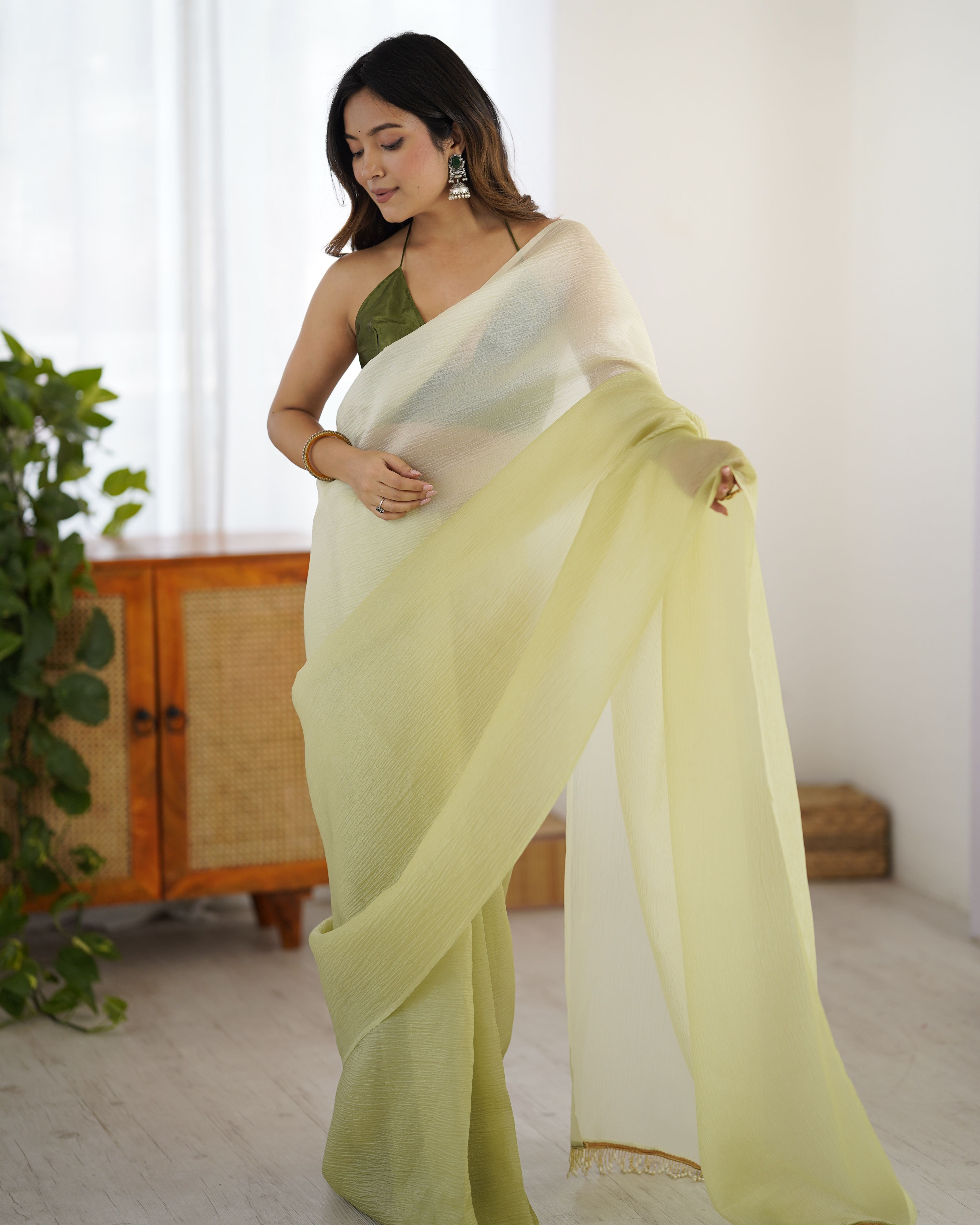Lemon shaded Pure Soft Candy Crush Silk Ready to Wear Saree ##color## Ready to Wear Saree with premium fabric and embroidery