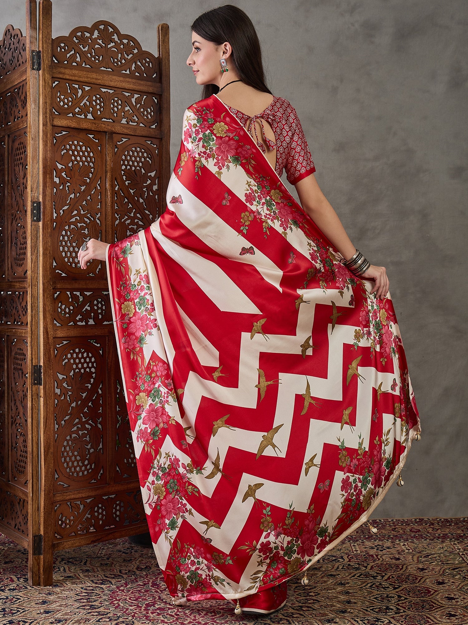 Red Pure Semi Modal Japan Silk Ajarkh Printed Saree 