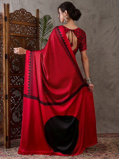 Red Pure Semi Modal Silk Ajarkh Printed Saree 