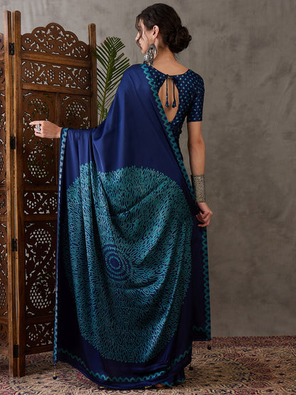 Blue Pure Semi Modal Japan Silk Ajarkh Printed Saree 
