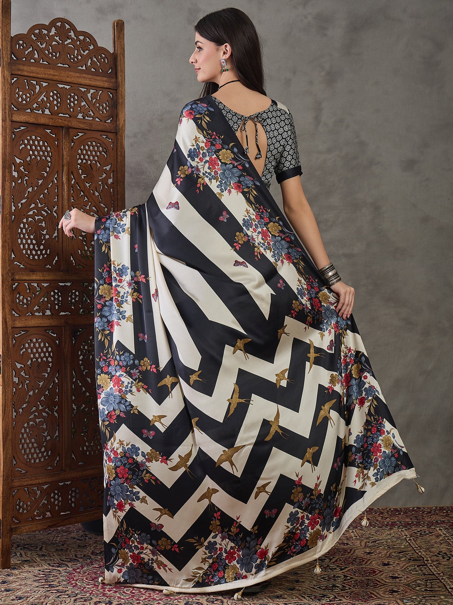 Black Pure Semi Modal Japan Silk Ajarkh Printed Saree 