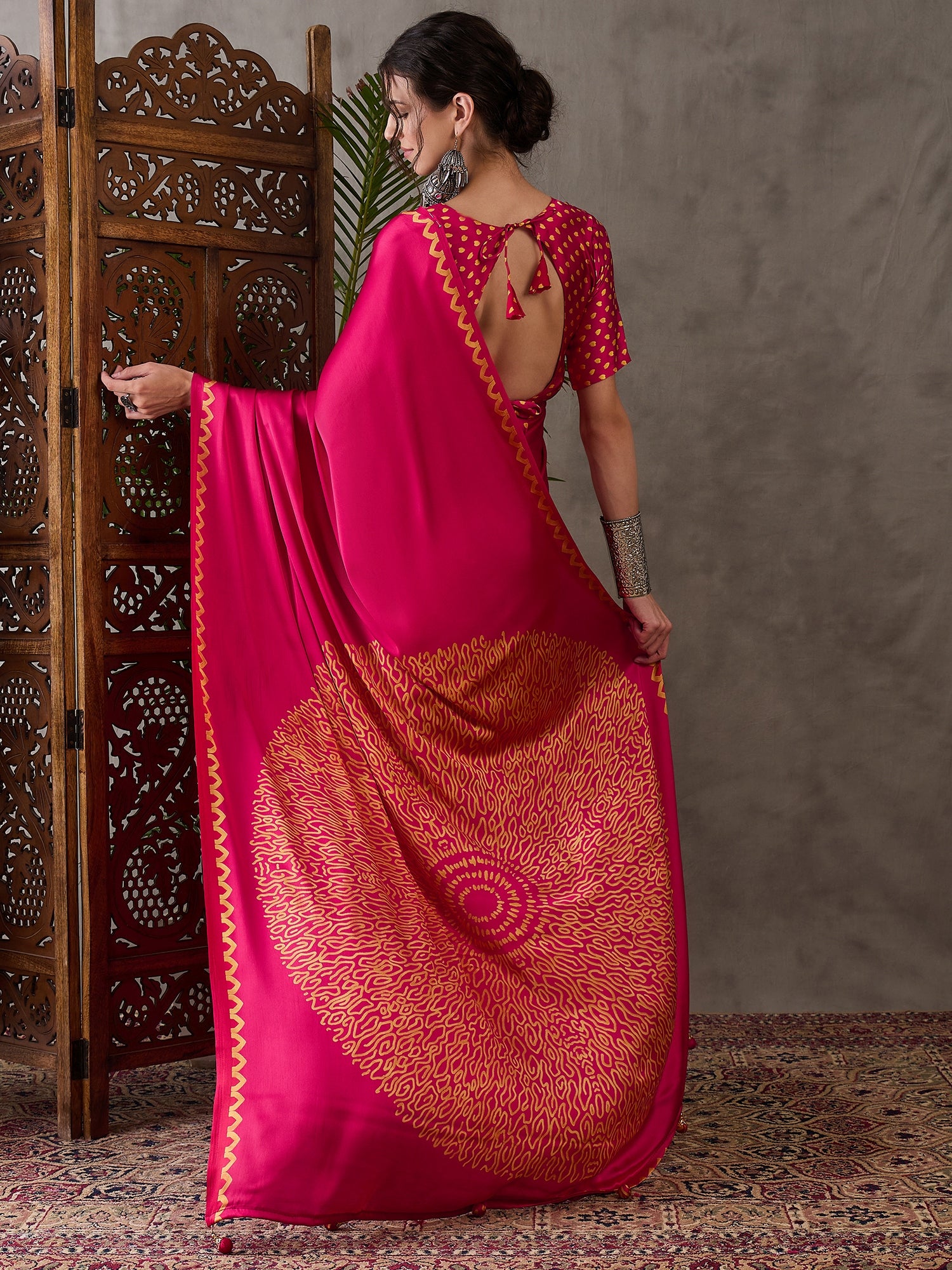 Pink Pure Semi Modal Japan Silk Ajarkh Printed Saree 